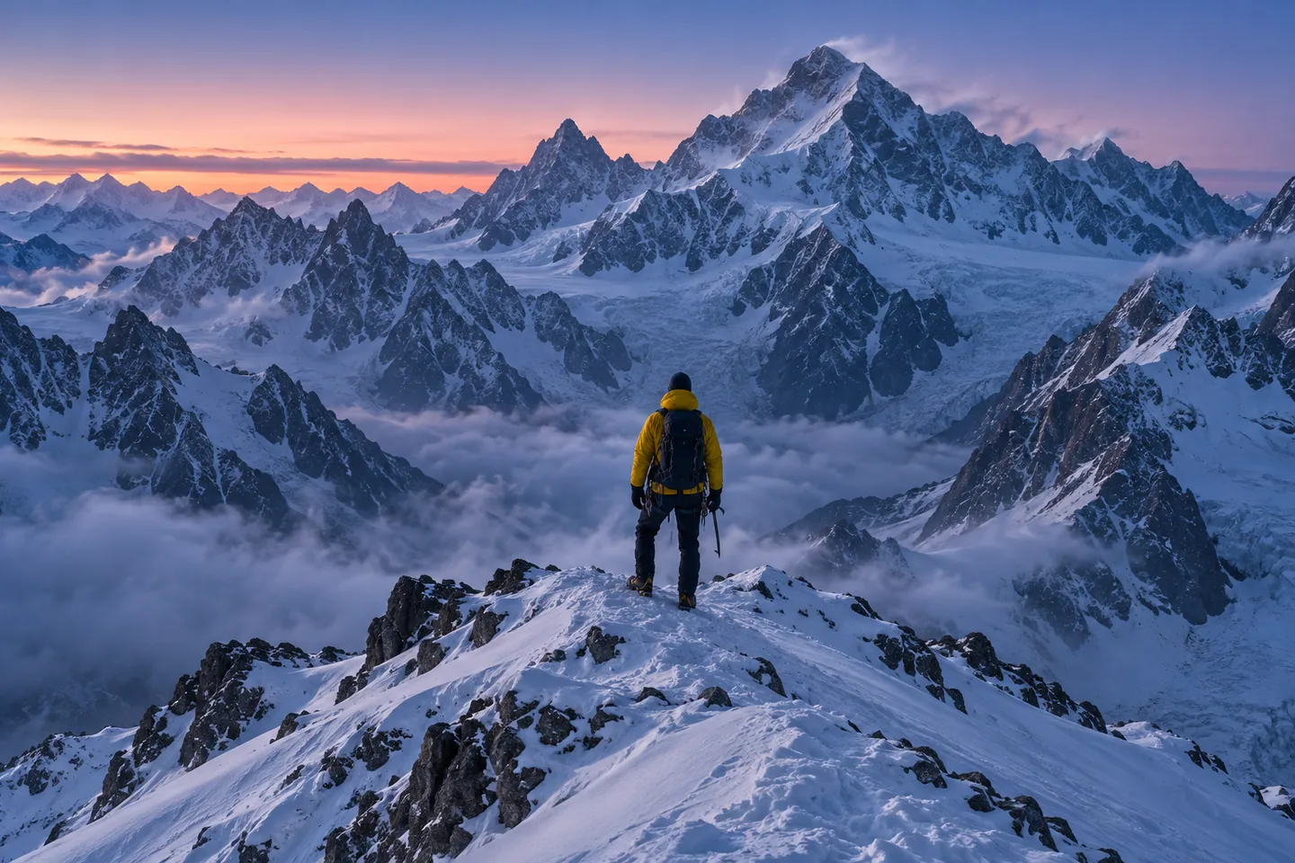 A climber in yellow facing snowy peaks at blue dawn