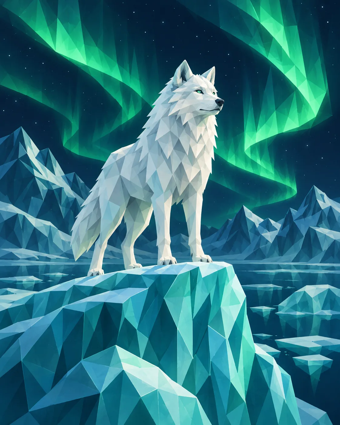 A geometric white wolf beneath green northern lights