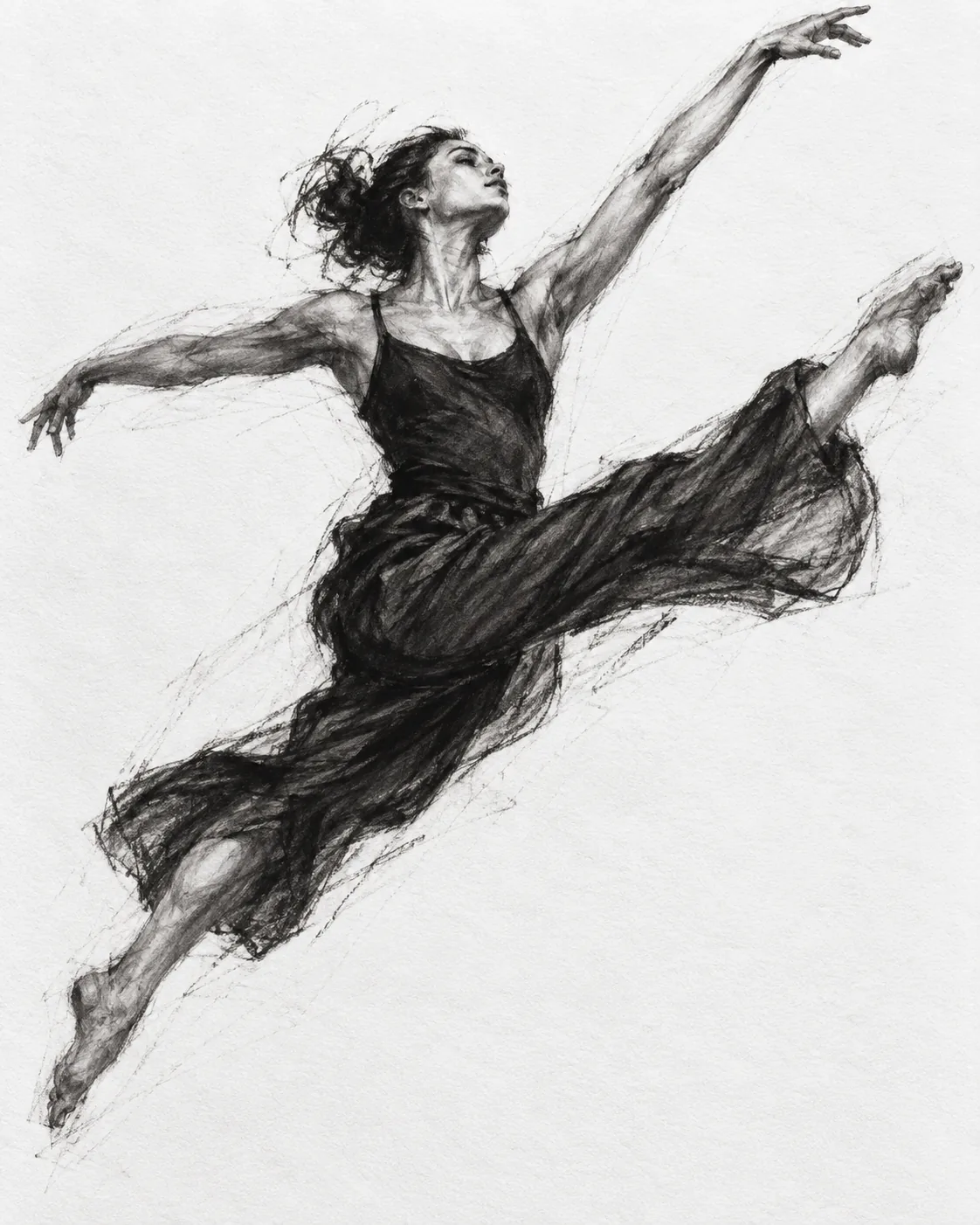 A charcoal drawing of a leaping dancer on white paper