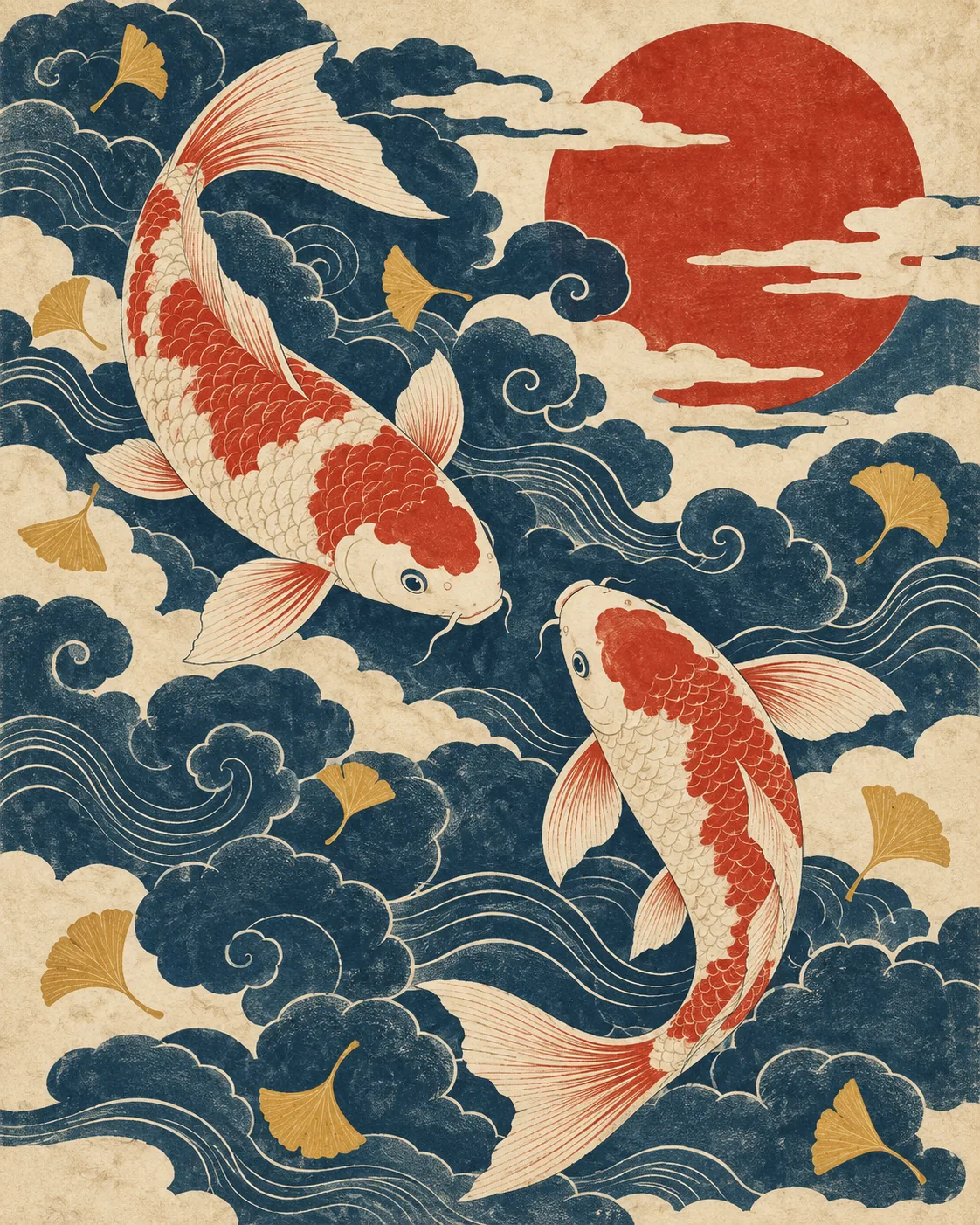 A woodblock-style print of red and white koi among indigo clouds