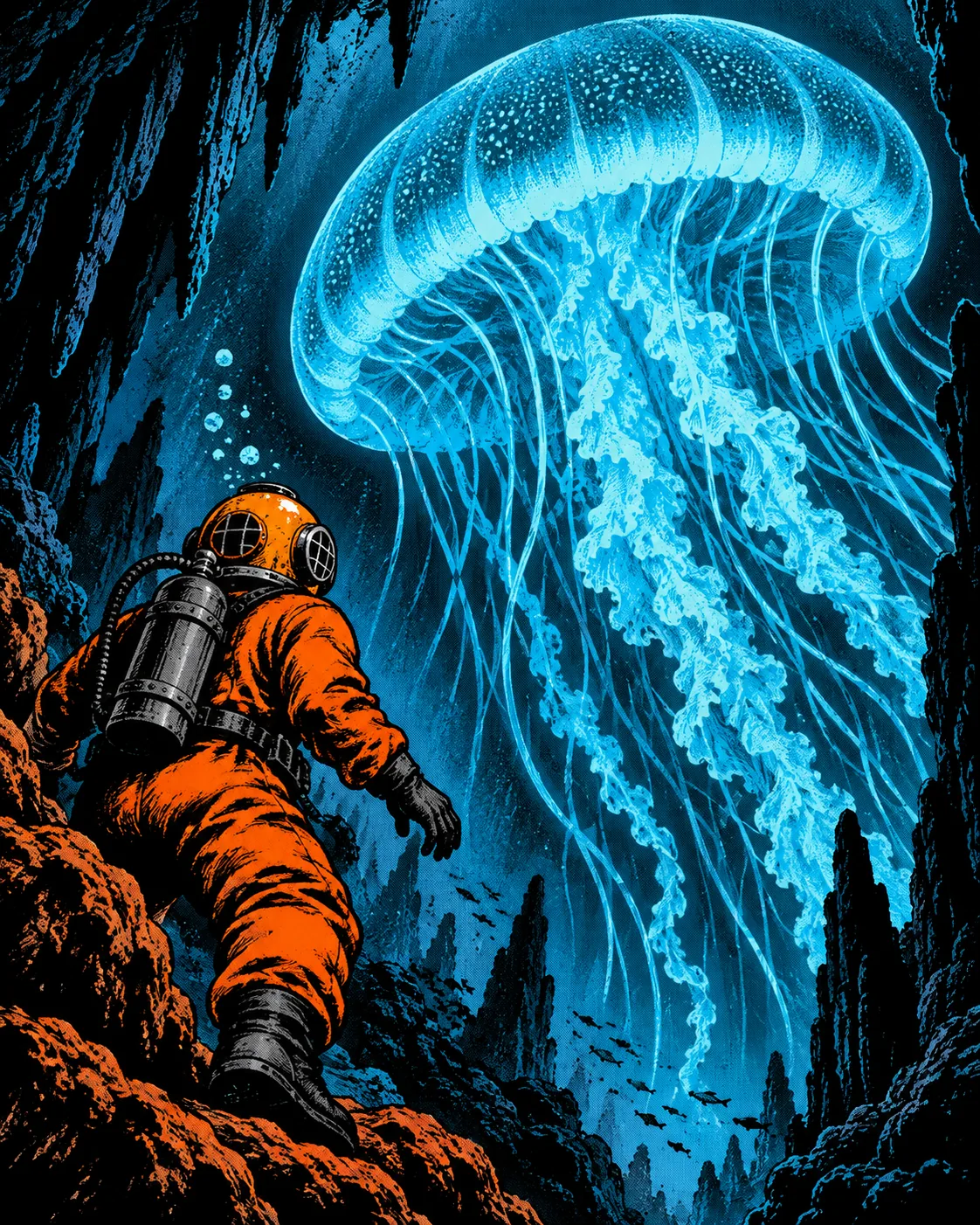 A comic of an orange diver and a giant jellyfish
