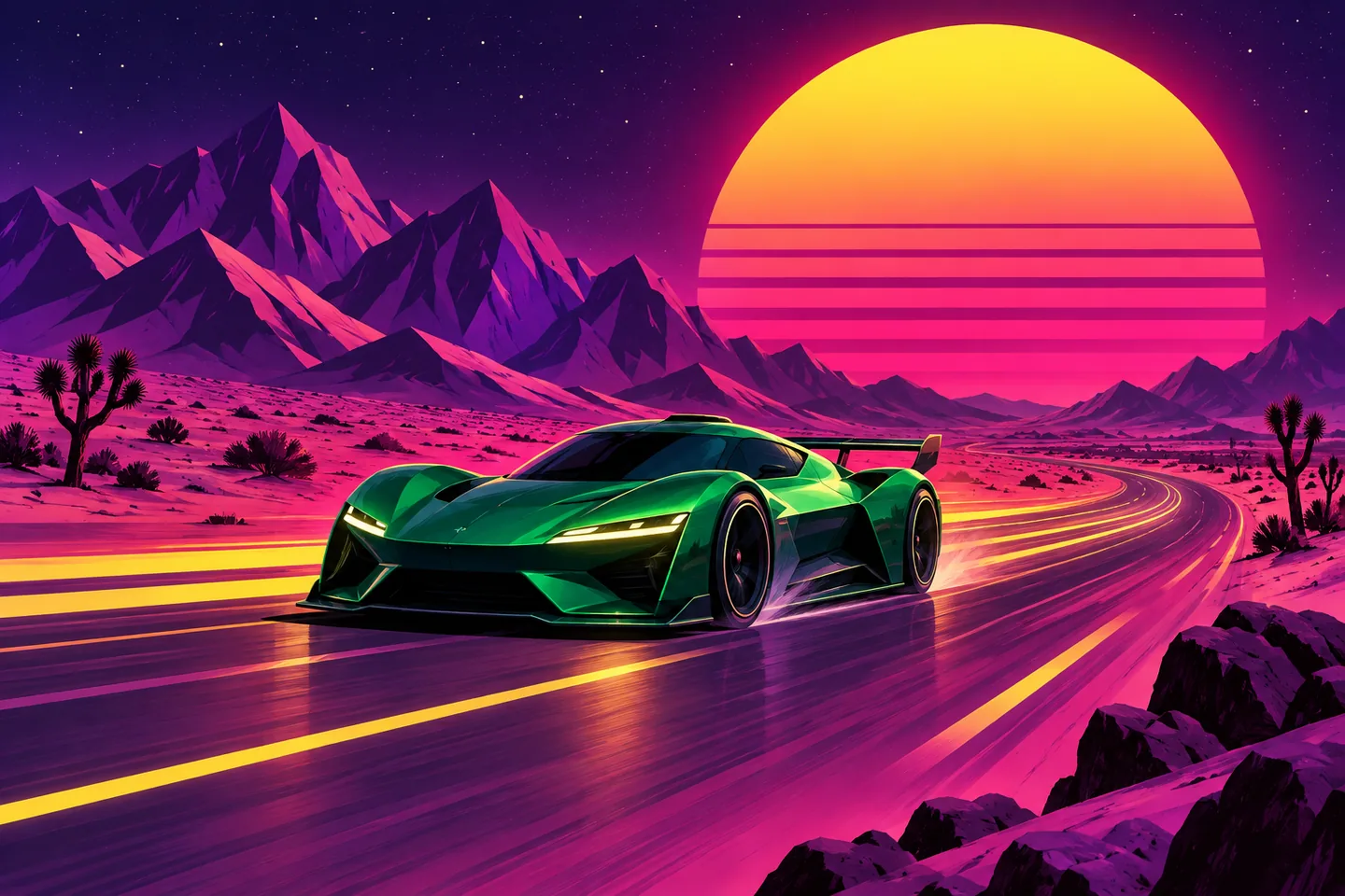 A retro illustration of a green race car on a purple desert road