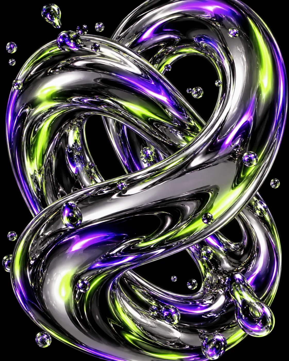 Chrome forms with violet and green reflections on black