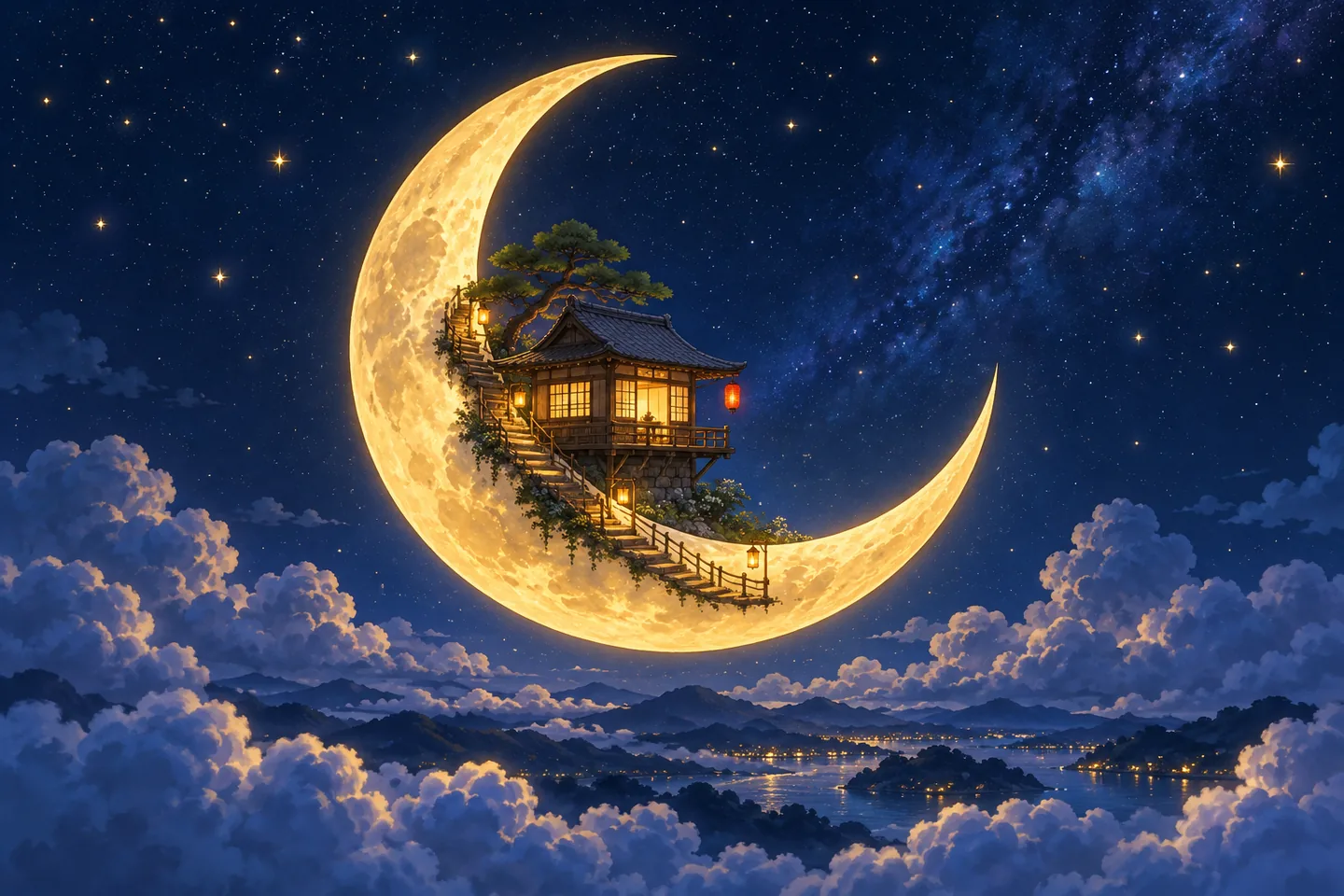 A glowing tea house on a crescent moon in a starry sky