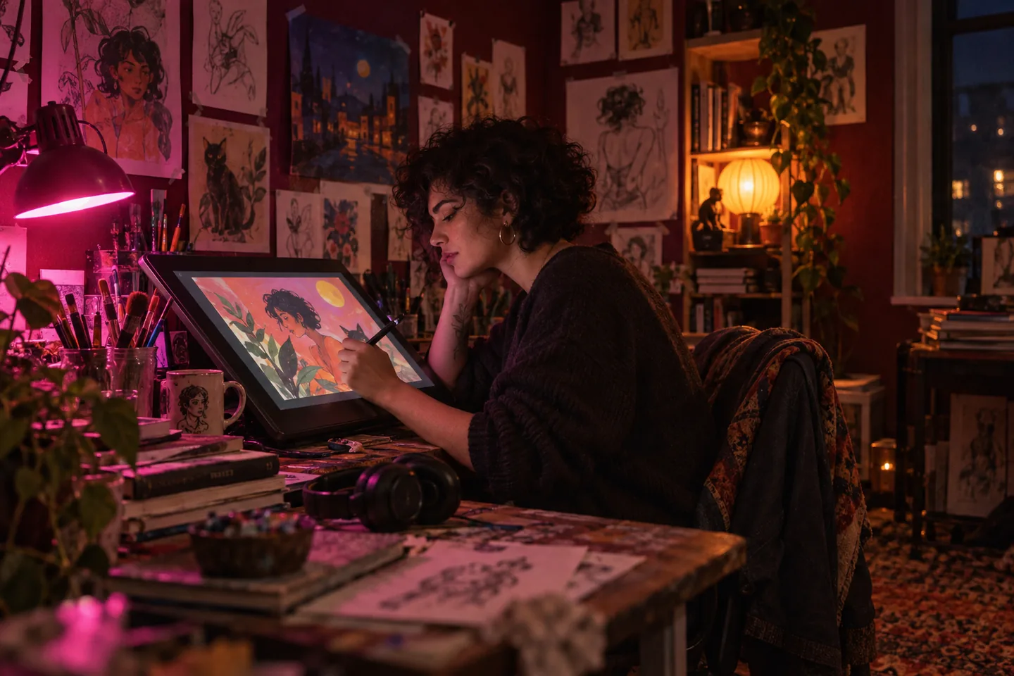 An illustrator at a tablet in colorful night lighting