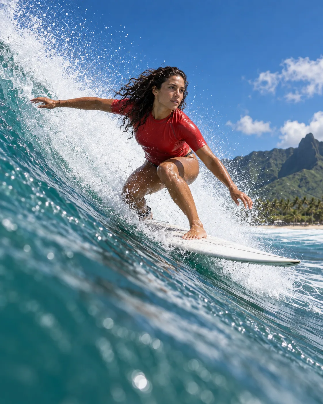 A photograph of a surfer in red on a turquoise wave