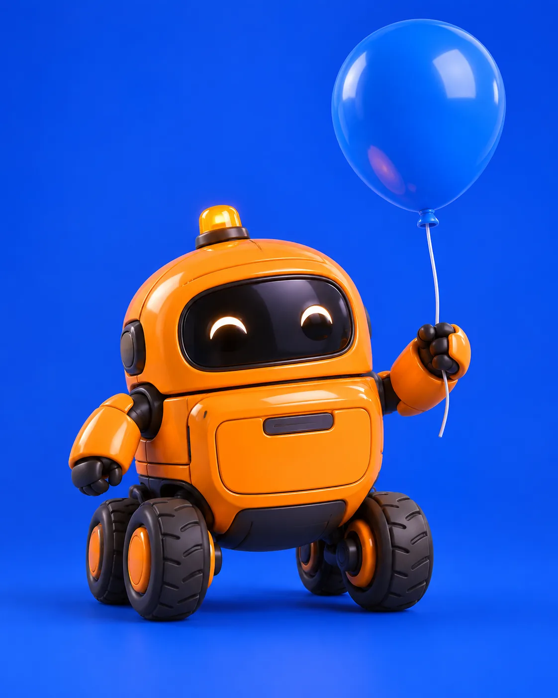 An orange 3D robot holding a balloon on blue