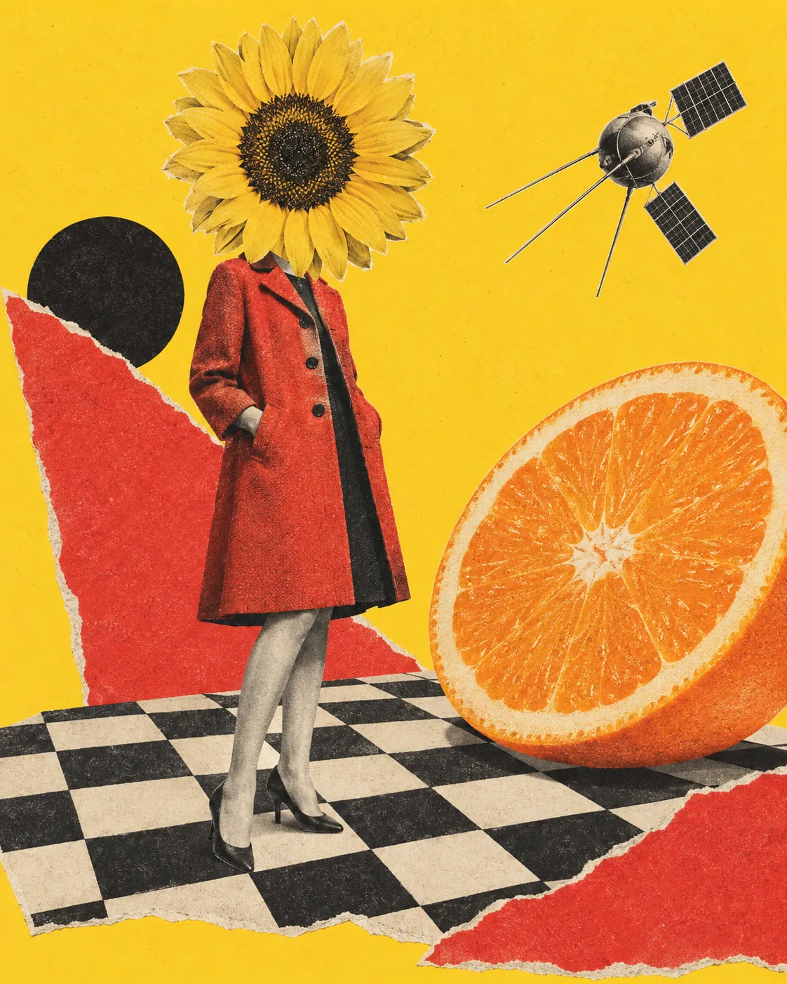 A sunflower-headed figure and giant orange collage on yellow